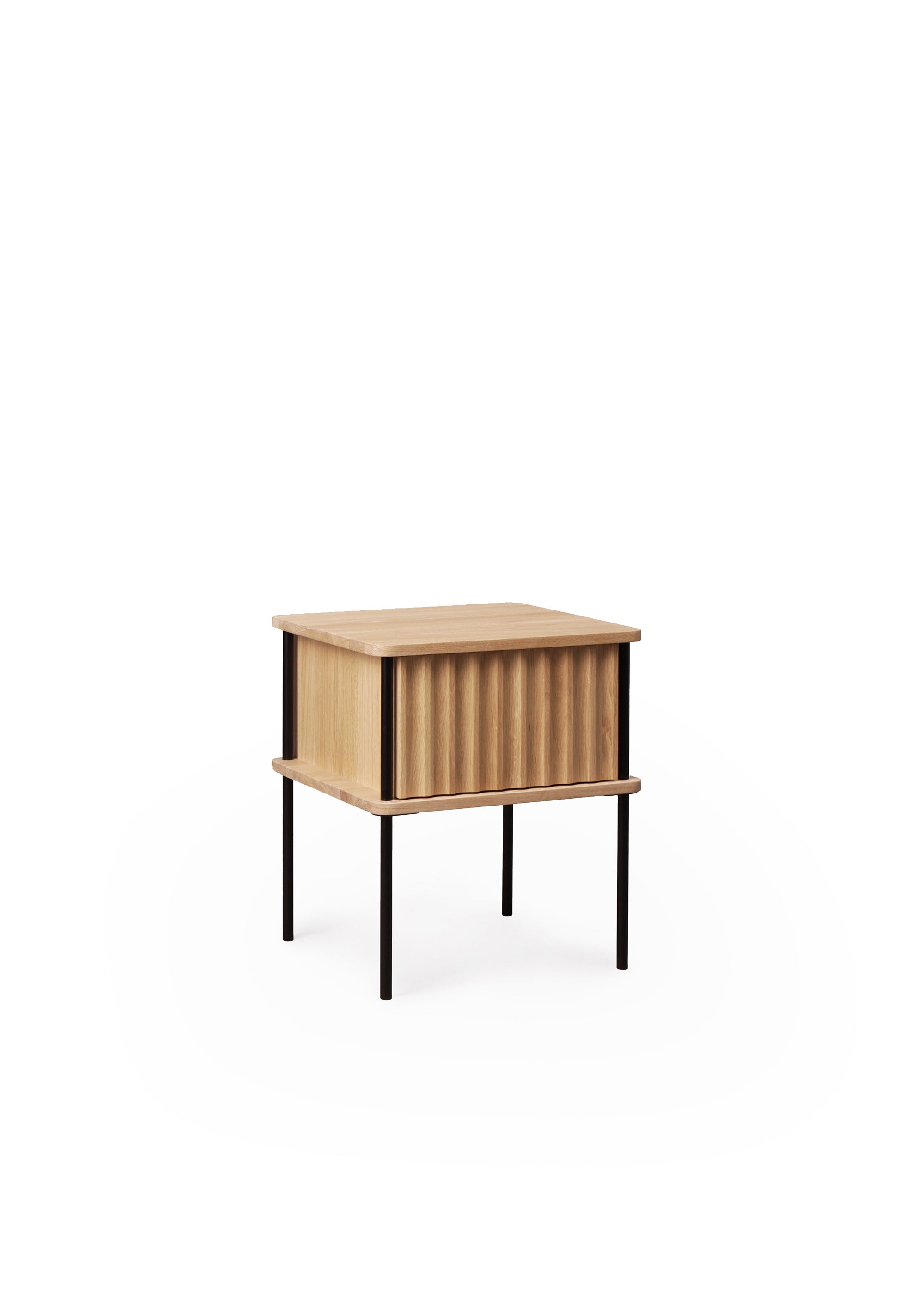 Dark wooden bedside table with vertical milling on metal legs