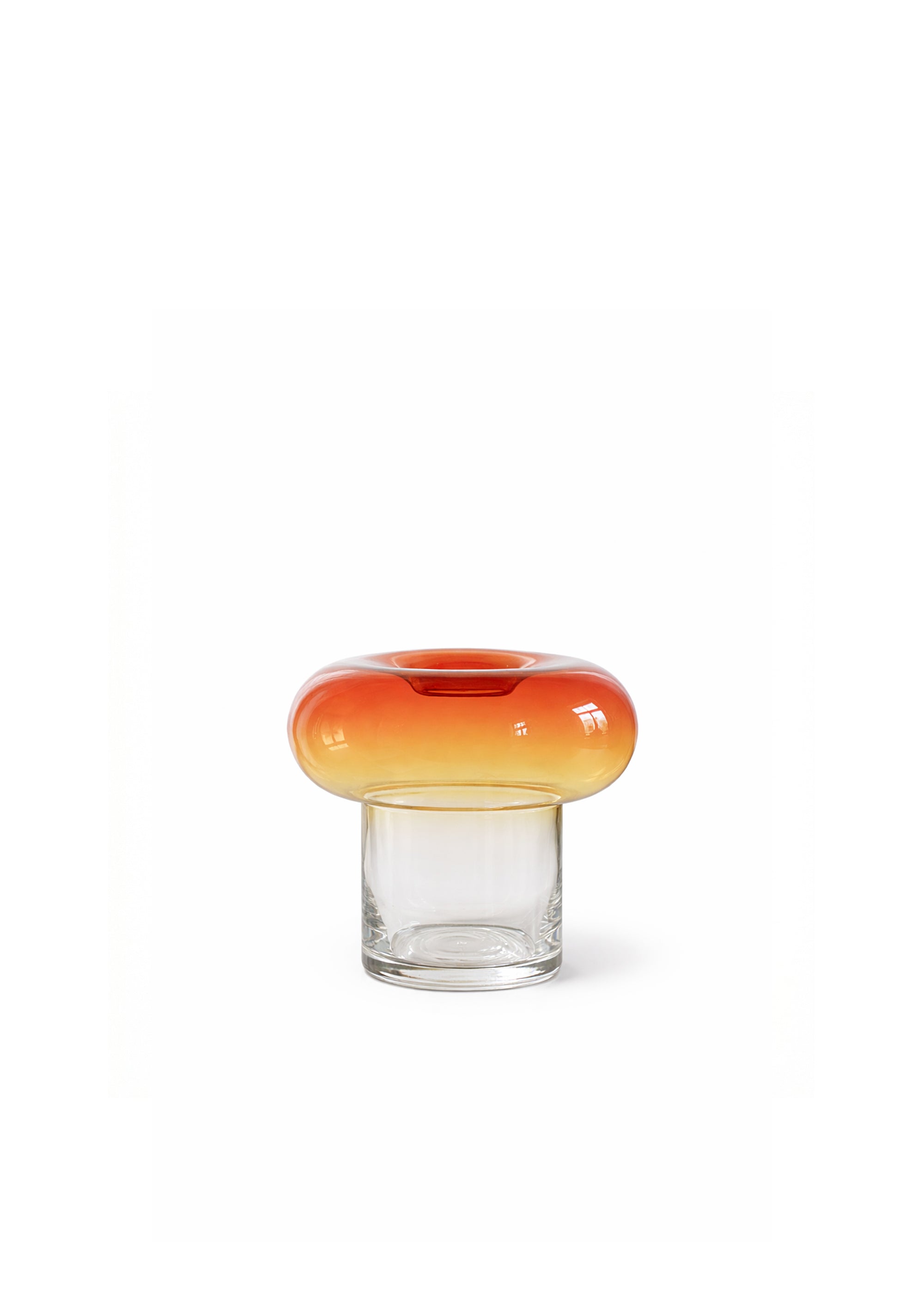 A glass vase with two dried flowers by a light curtain.