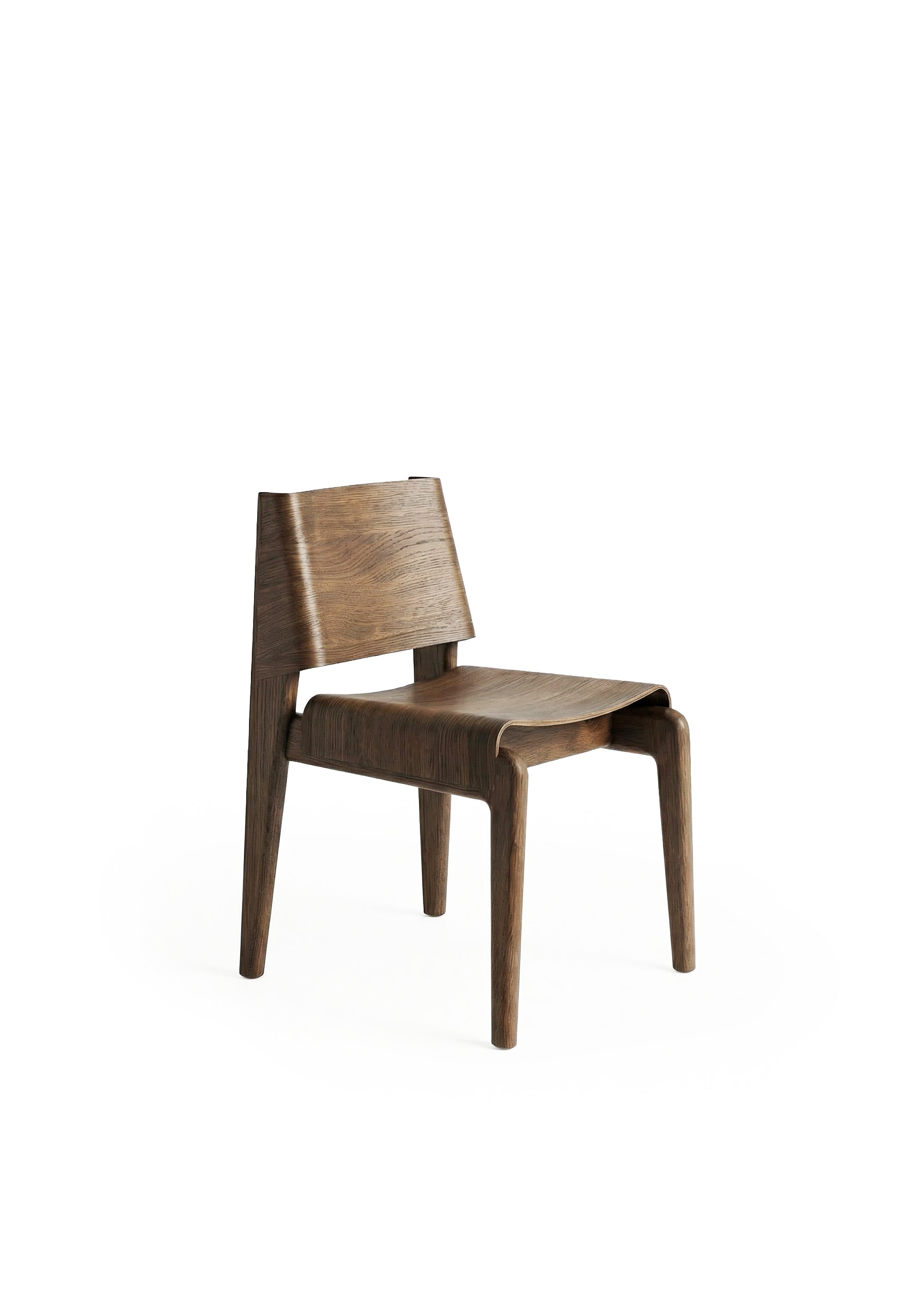 A wooden chair with a curved backrest and angled legs placed in a dimly lit industrial space.