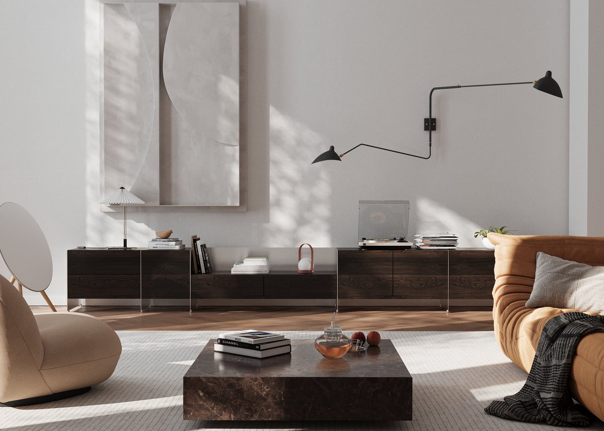 Modern designer living room with luxury furniture, wooden sideboards and contemporary decor