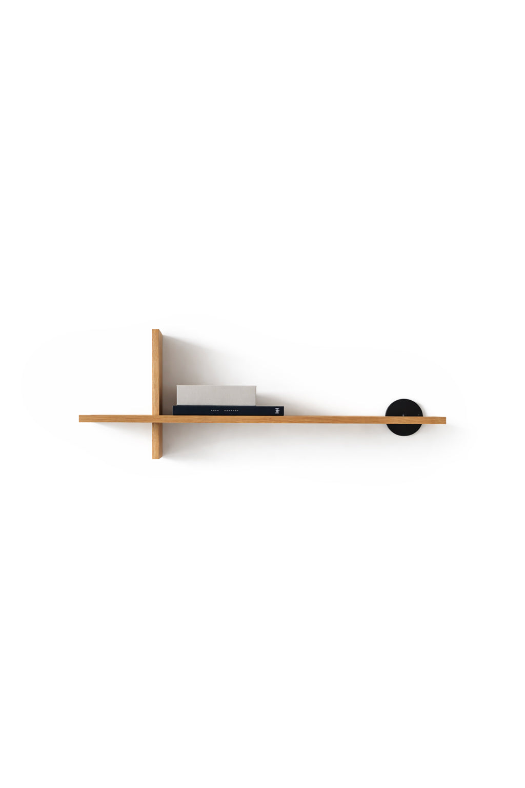 Minimalist wooden wall shelf with several books