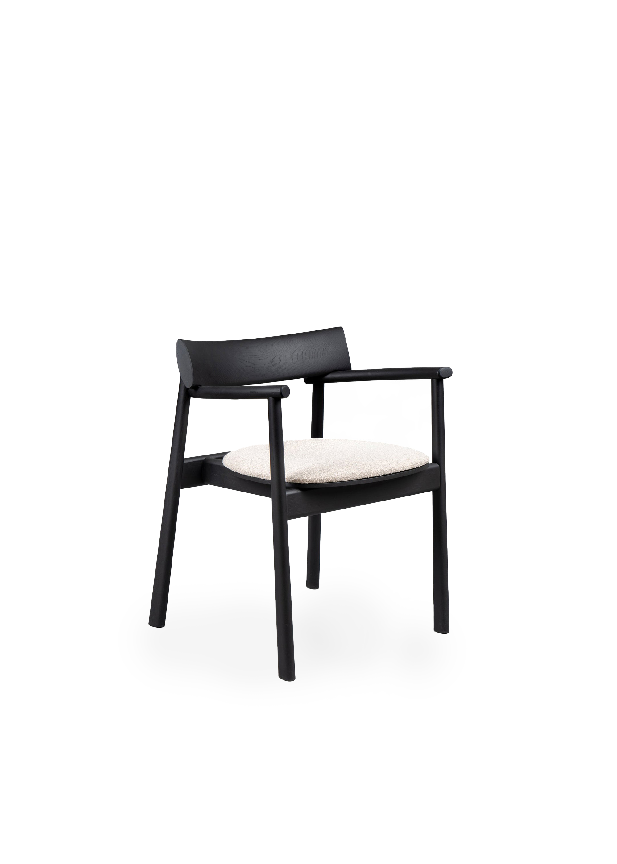 Black wooden chair with a curved backrest and a light fabric seat