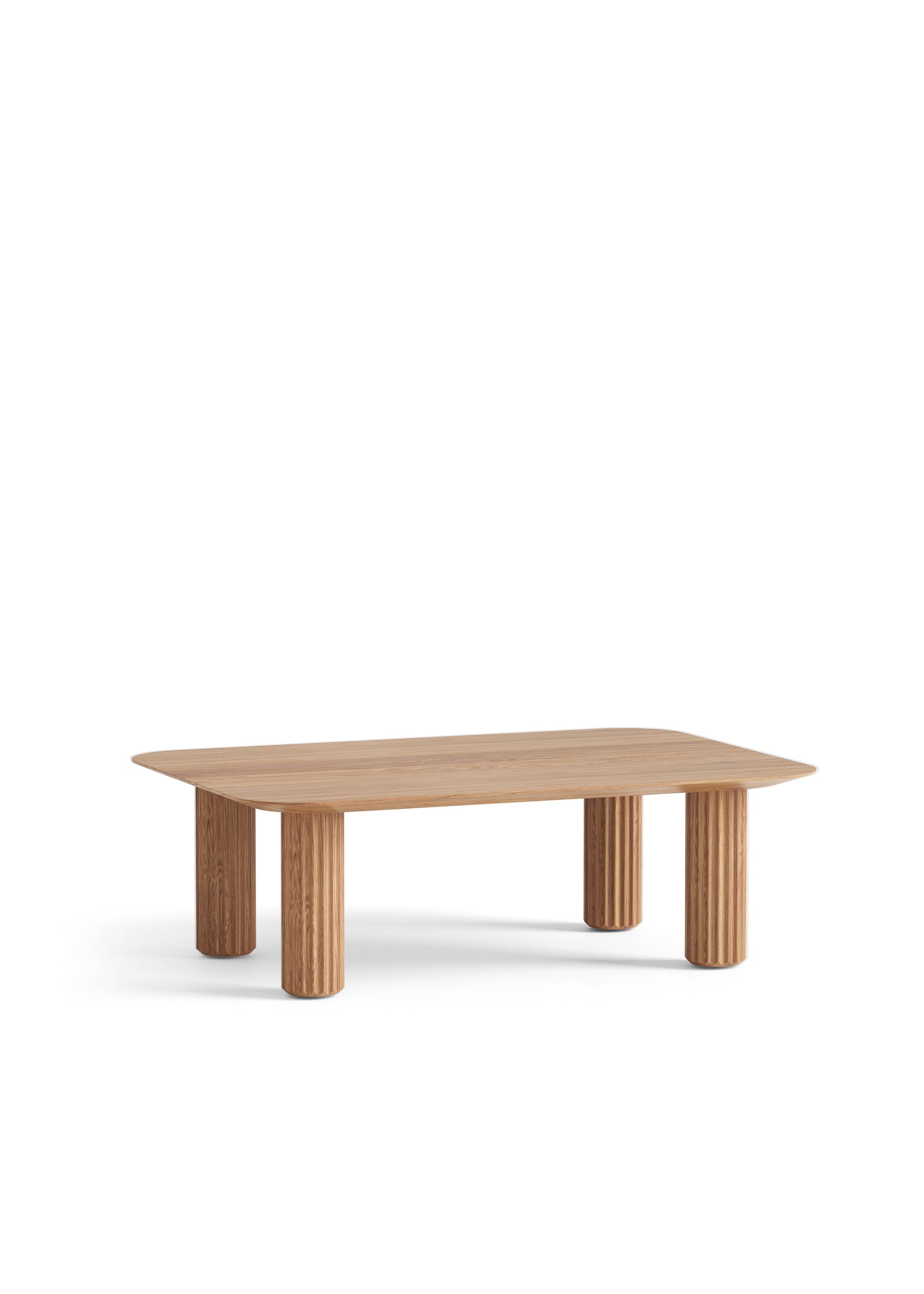 A rectangular wooden coffee table with rounded corners and grooved cylindrical legs, shown as a standalone product