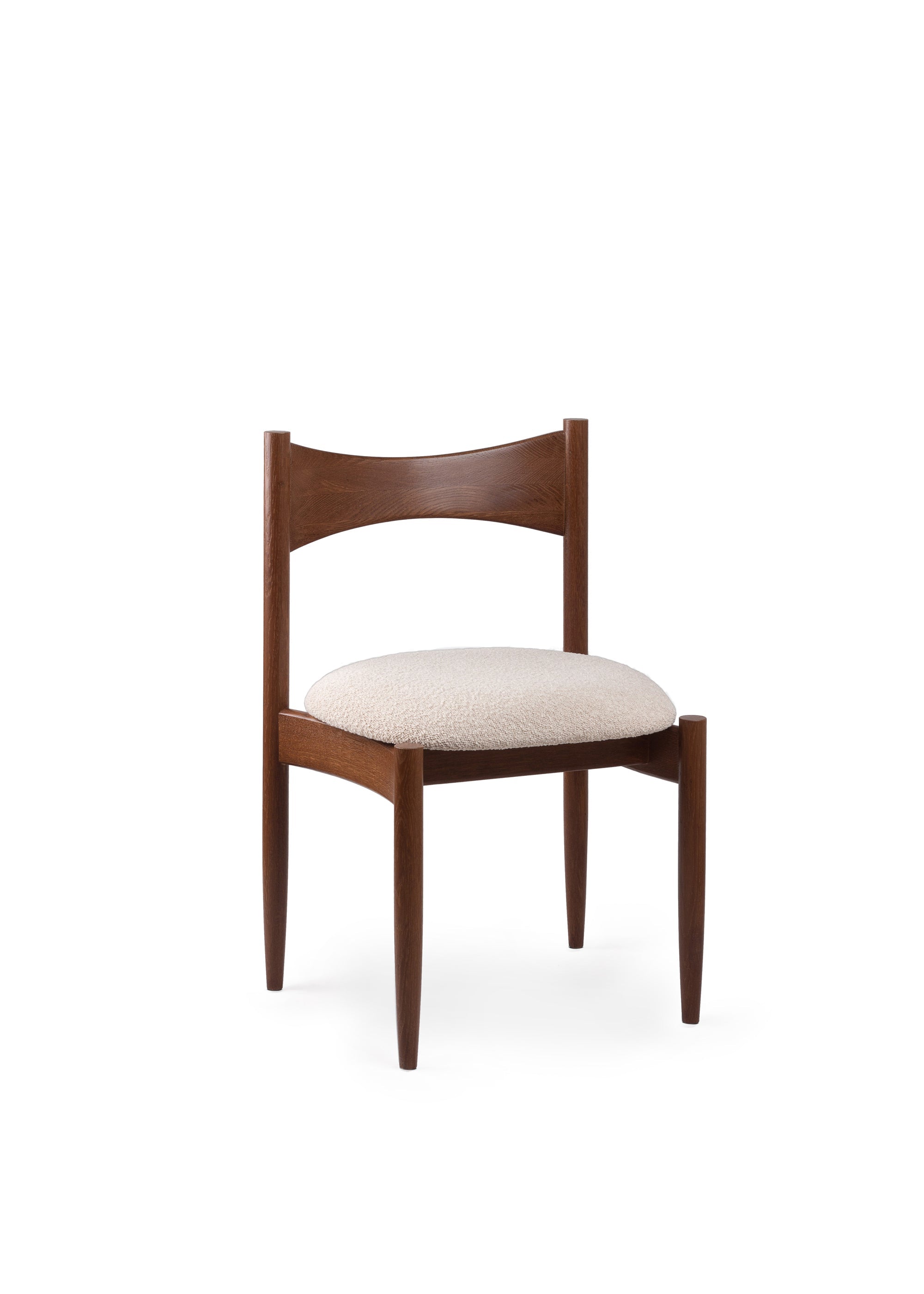 A walnut wooden accent chair with a curved backrest and a rounded upholstered seat