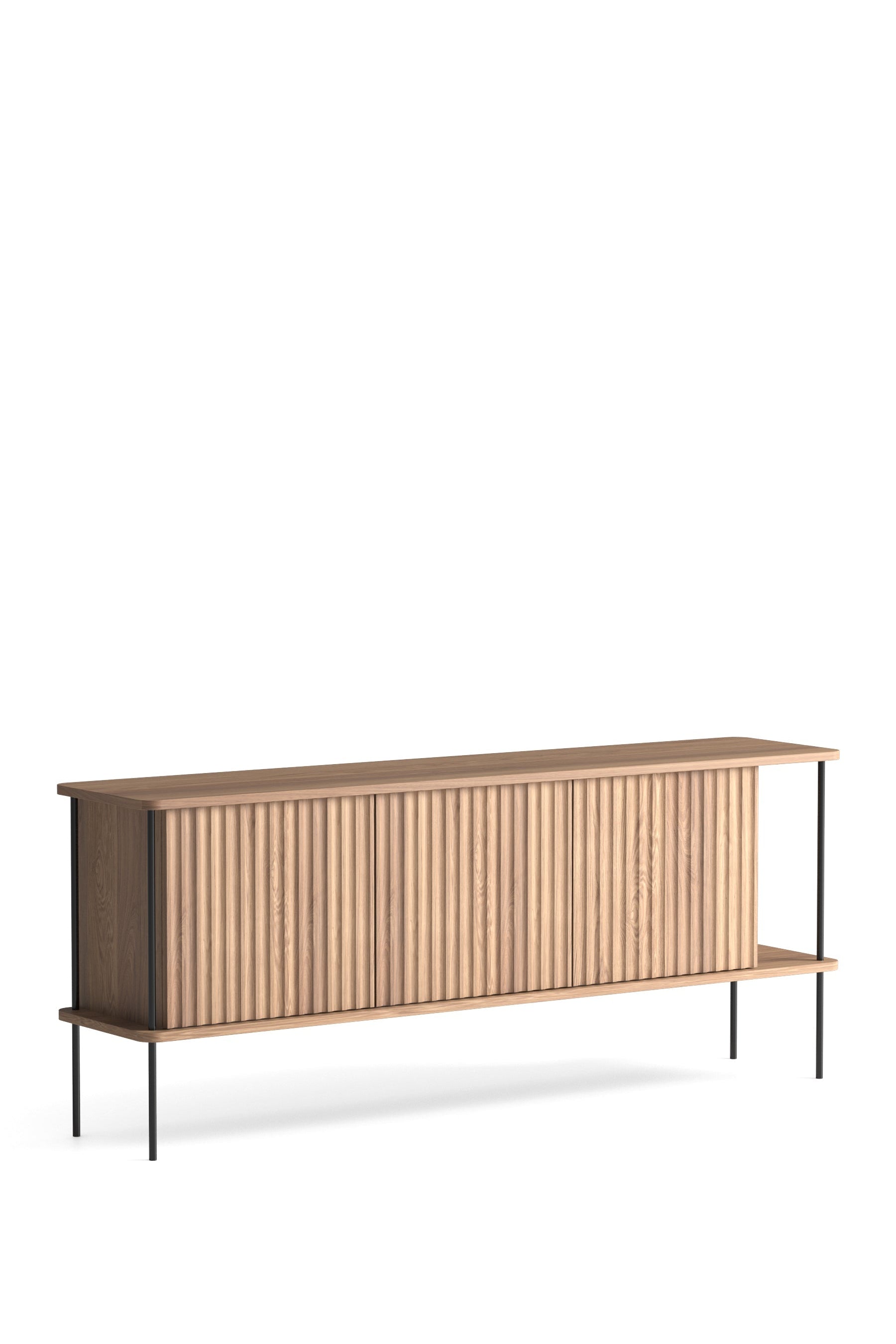Wooden chest of drawers with a milled front and black metal legs