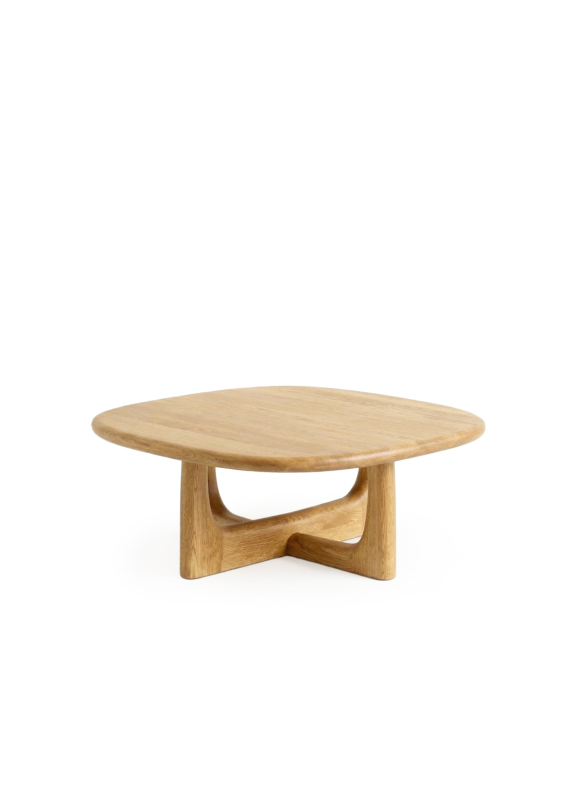 Light-oak sculptural coffee table with rounded square top and curved intersecting base