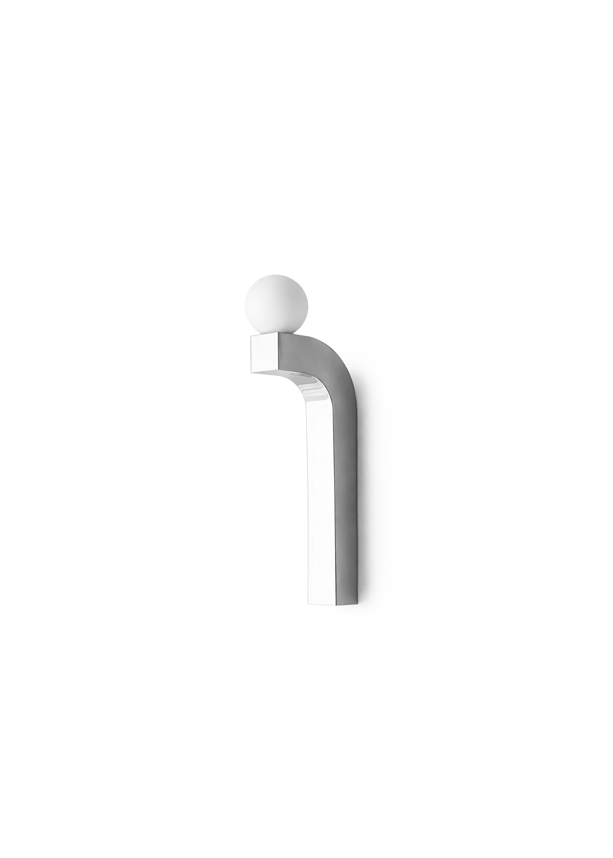 A sculptural wall lamp with a curved metal arm and a round frosted bulb mounted on a light-colored wall.
