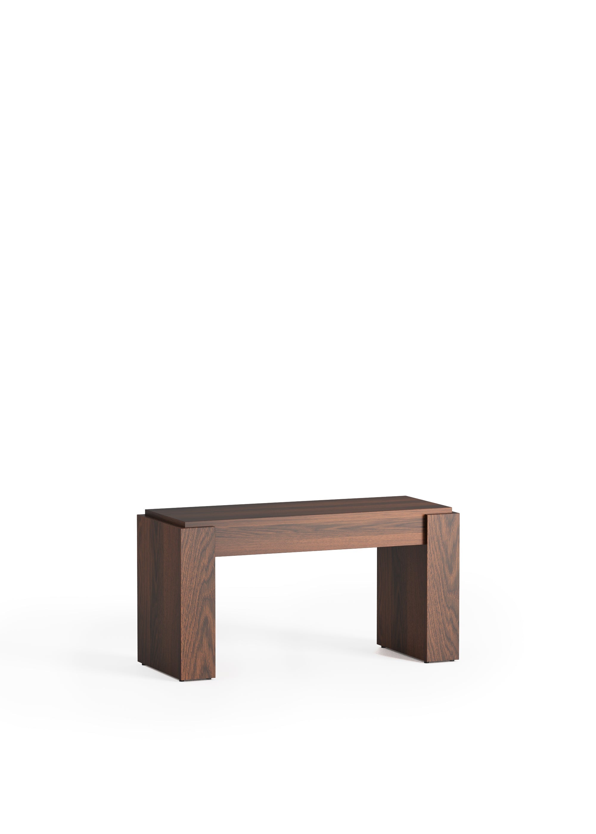 A simple dark wood bench with a geometric shape