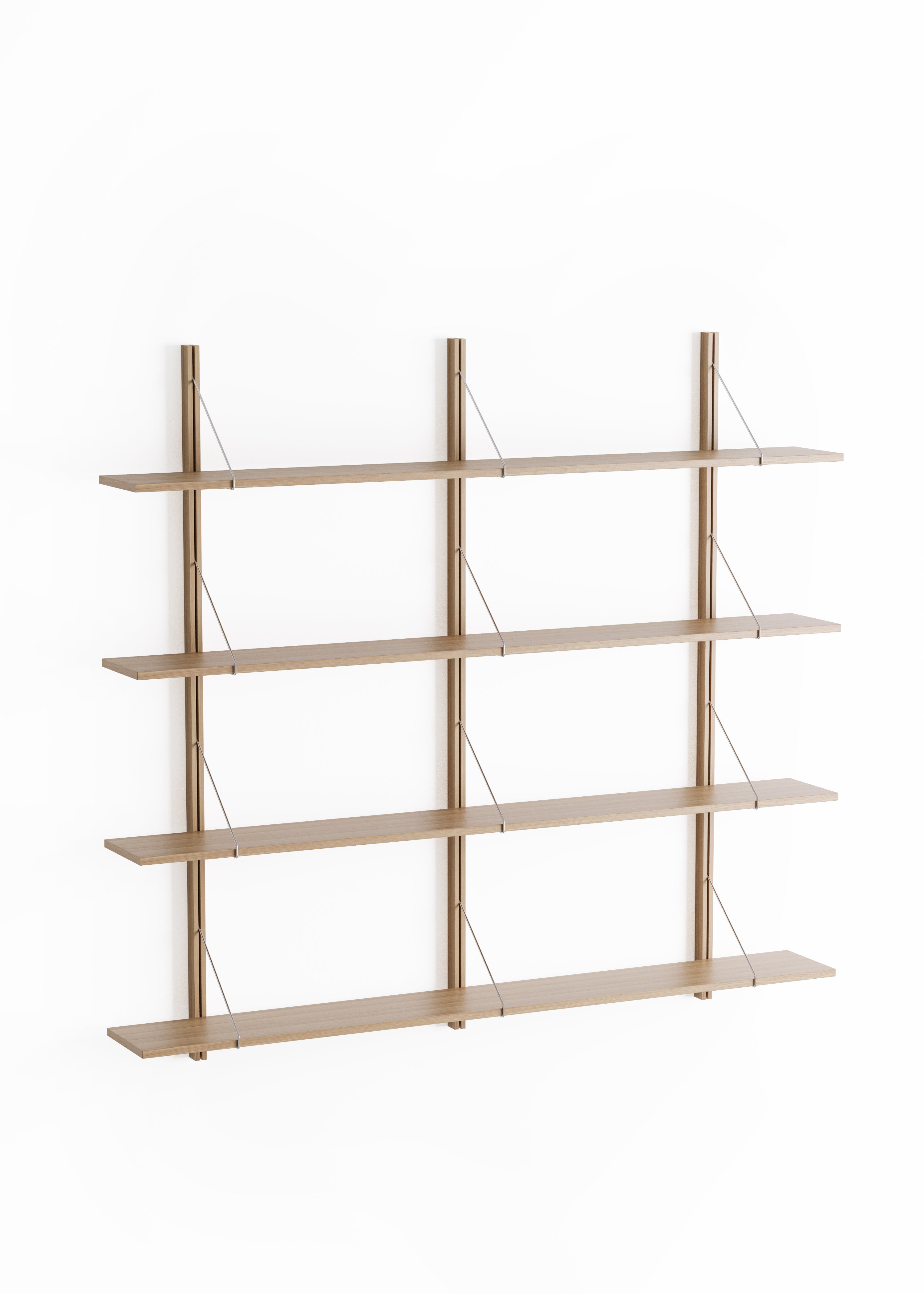 Dark bookcase with wooden shelves and decorations against a light wall
