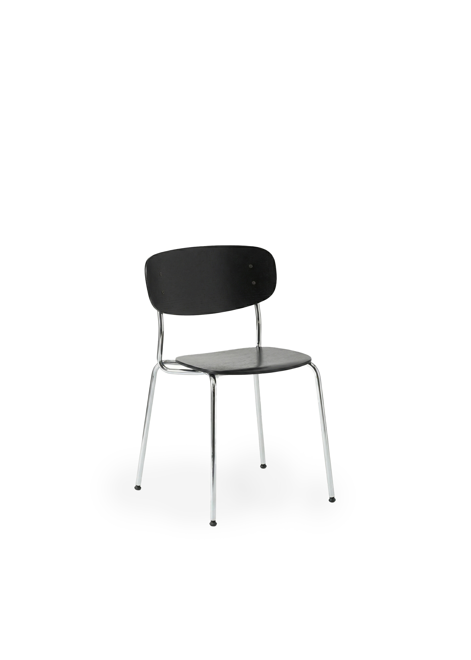Round wooden table with black chairs in a bright minimalist interior