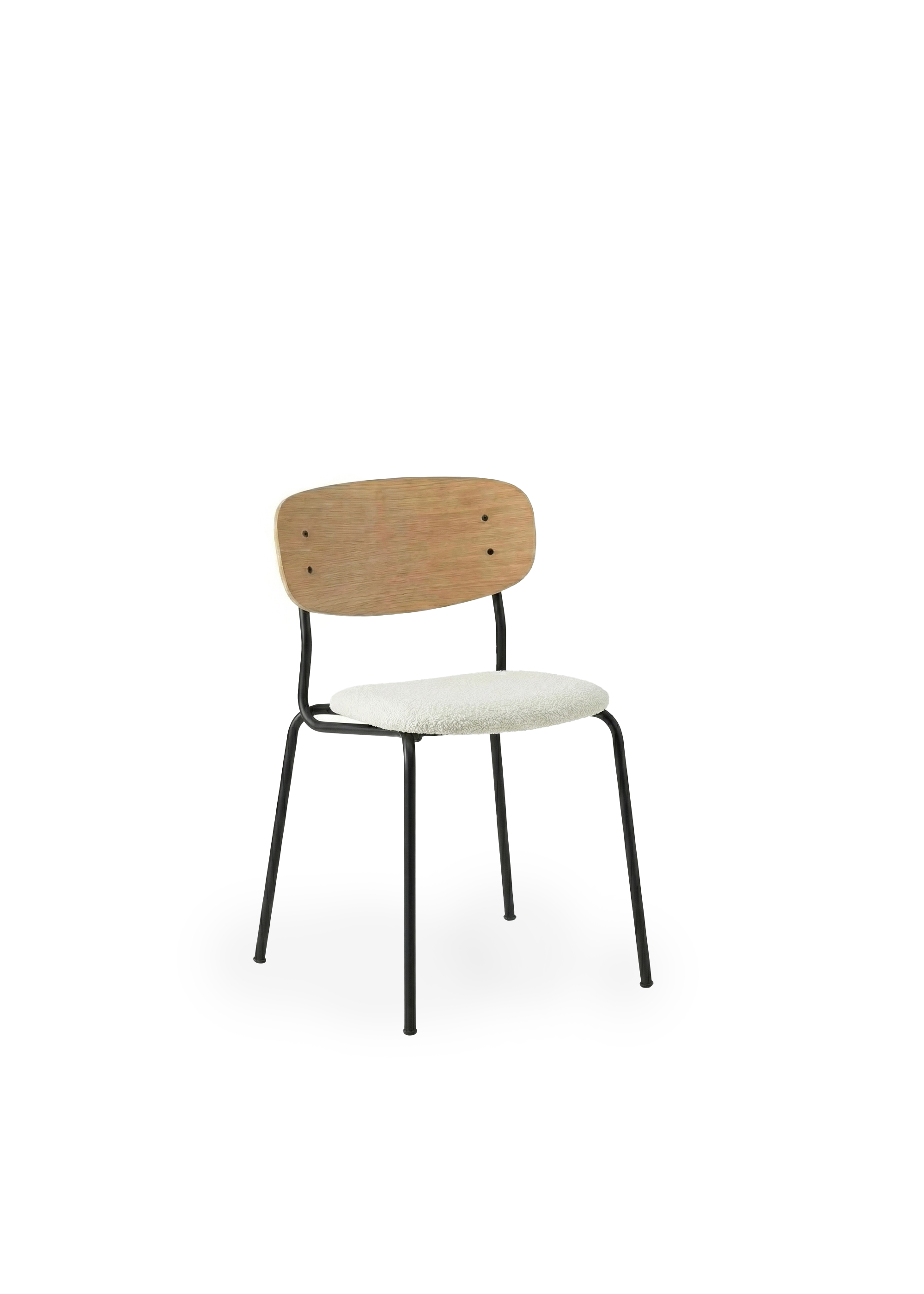 Light-wood dining chair with a curved backrest and black metal legs placed next to a dark wooden table with fluted legs